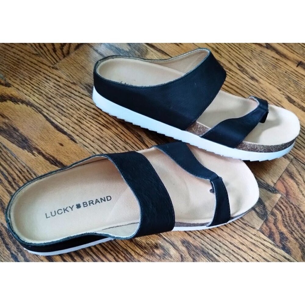 Women's Black Lucky Brand Harribel Toe-Loop Leather Sandals (Size 7M / 37.5) - Picture 3 of 6